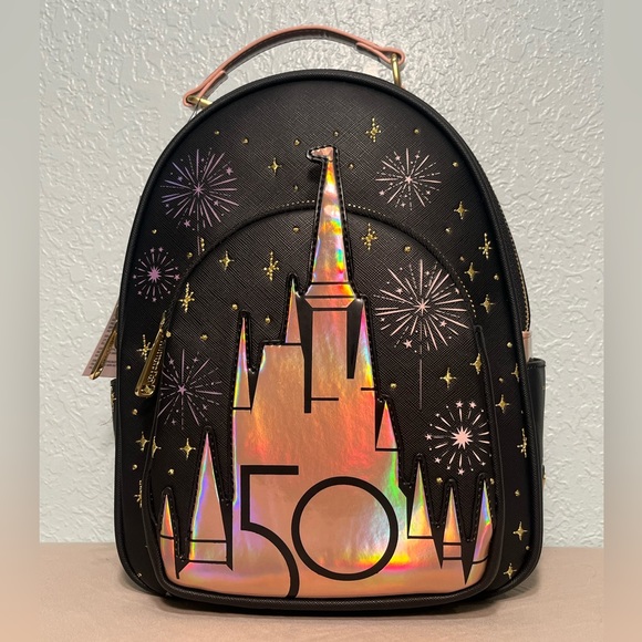 WDW 50TH ANNIVERSARY Collection Matte Black & Rose Gold Castle Mini Backpack - Picture 1 of 10